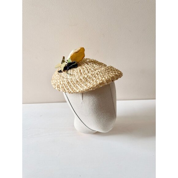 Vintage Raffia Straw Black Velvet Ribbon Yellow Faux Flower Juliet Hat - Picture 2 of 15